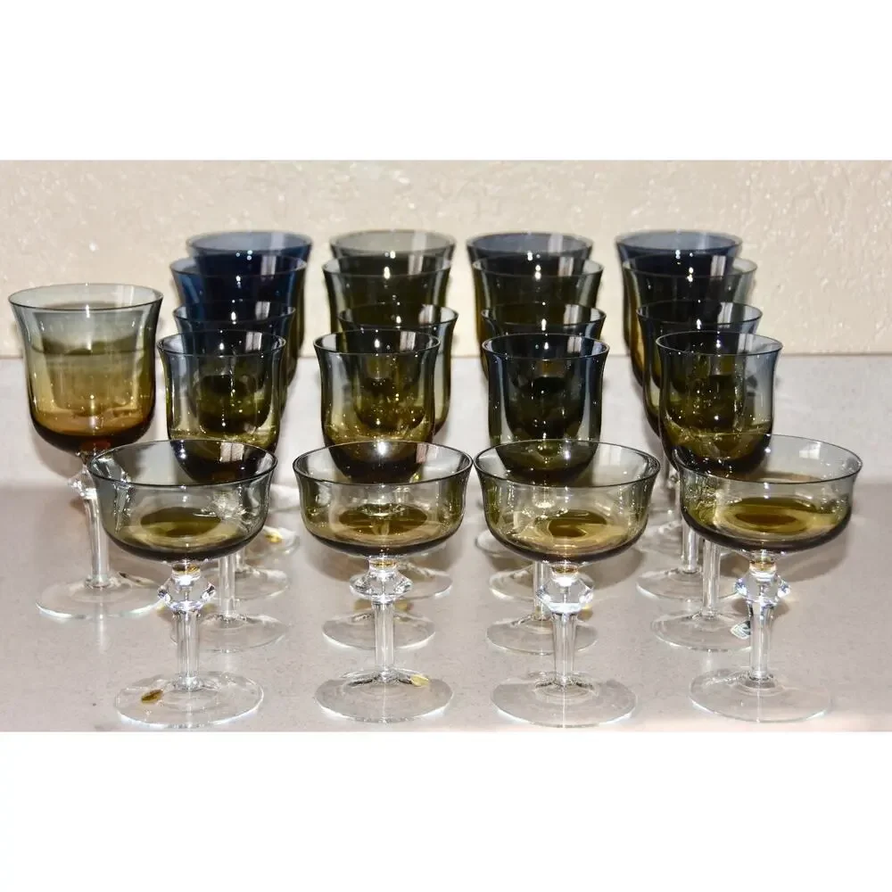 Aurora Amber Champagne Glasses by Denby Clear Knobbed Stem Vintage Blown Glass